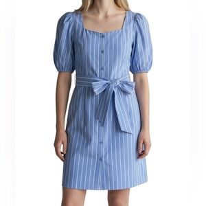 Express Pinstripe Puff sleeved Shirt Dress Blue White Stripes Belted Size S NWT